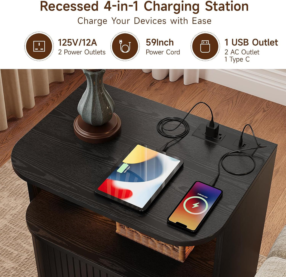 ONBRILL Fluted Nightstand with Drawers, Modern End Table with Charging Statio...