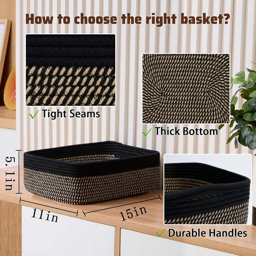 Large Shallow Organizing Baskets 15x11x5.1 Inches - Rope Woven Storage Bins for Bathroom, Shelves, Cube Closet, Black Woven Brown 4 Packs