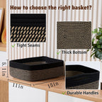 Large Shallow Organizing Baskets 15x11x5.1 Inches - Rope Woven Storage Bins for Bathroom, Shelves, Cube Closet, Black Woven Brown 4 Packs