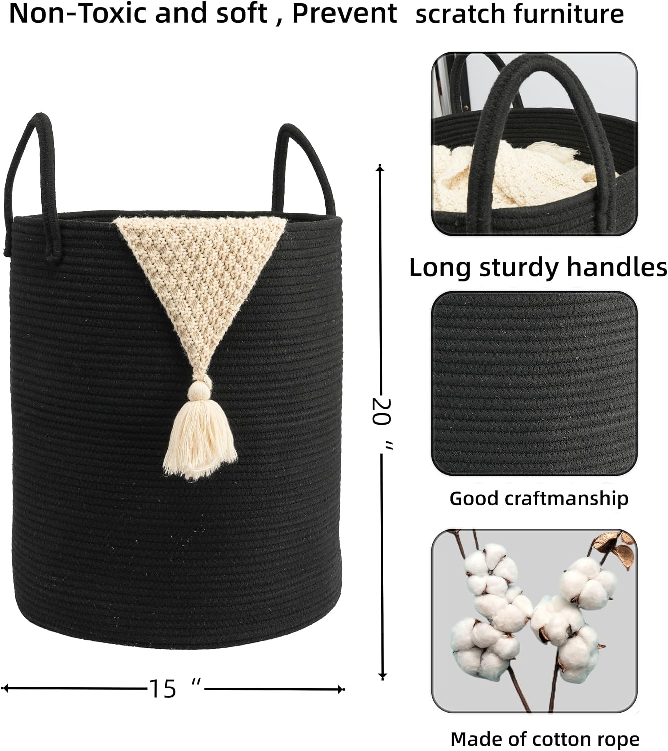 Woven Cotton Rope Laundry Basket, 15" x 20" Laundry Hamper, Black | Rope storage basket for dirty clothes, toys and blankets. Perfect for bathroom, baby nursery and living room storage.