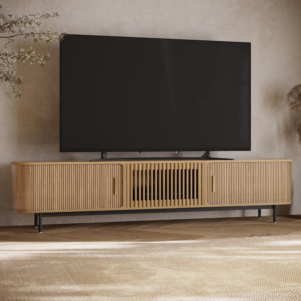 POVISON 94.49" Wood Fully-Assembled Sliding Tambour Door TV Stand, Oak | Mid Century Modern TV Console, Adjustable Shelves, Media Console for 85-98 Inch TV, Soft Close Cabinet Door, Storage Space