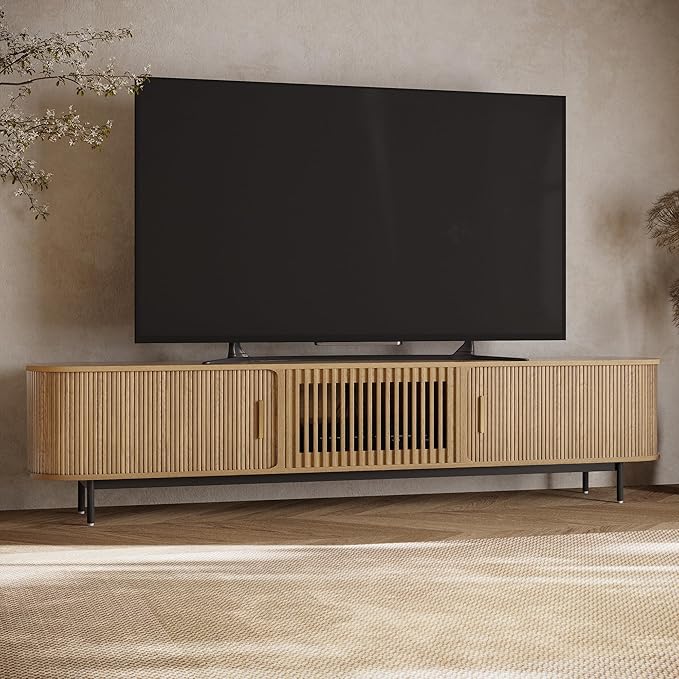 POVISON Fully-Assembled Mid Century Modern TV Stand for 85 inch TV, Sliding Door Entertainment Center with Storage, Wood TV Console, Media Console for Living Room Bedroom(Oak, 94.49")