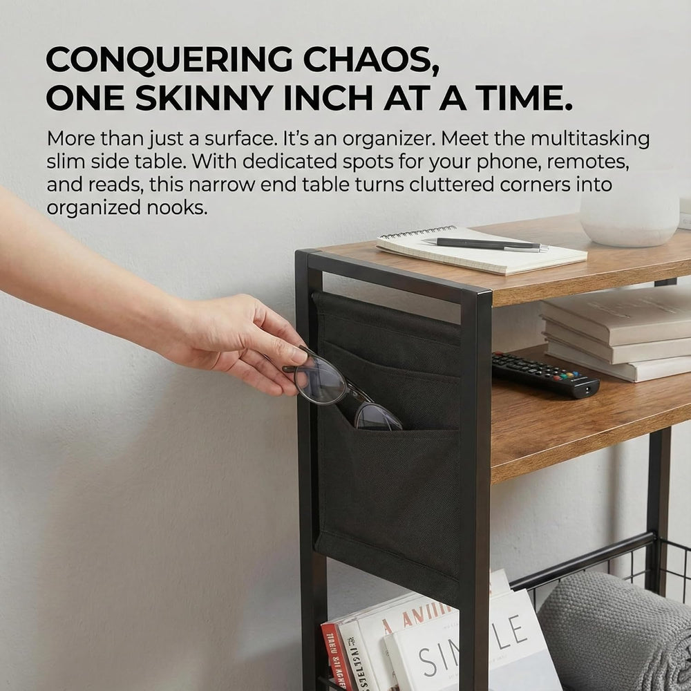 Skinny Side Table with Storage, 3 Tier Slim Side Tables for Small Spaces, Ski...