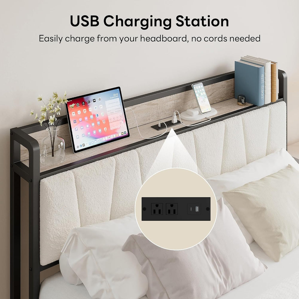 LIKIMIO Queen Bed Frame with Storage Headboard and Charging Station