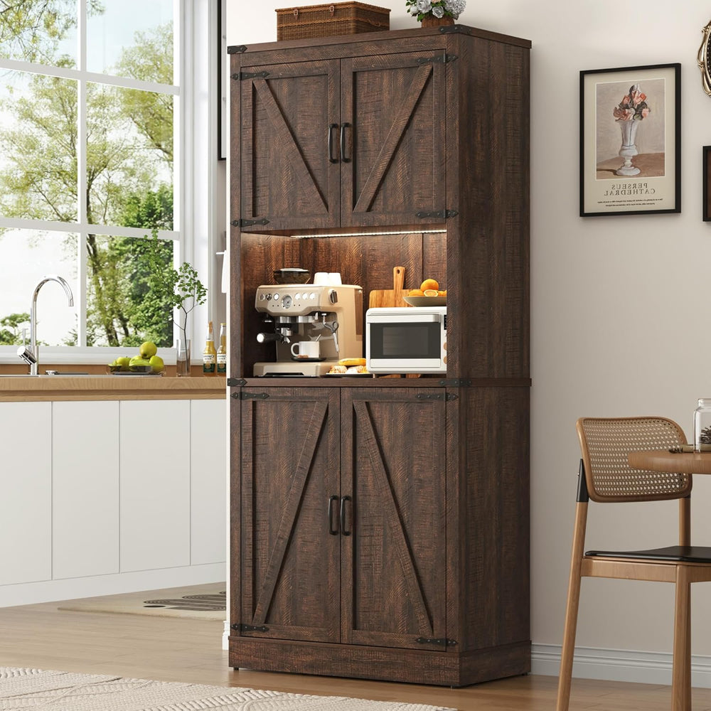 72" Tall Farmhouse Kitchen Pantry Cabinet with LED Light and Power Outle...