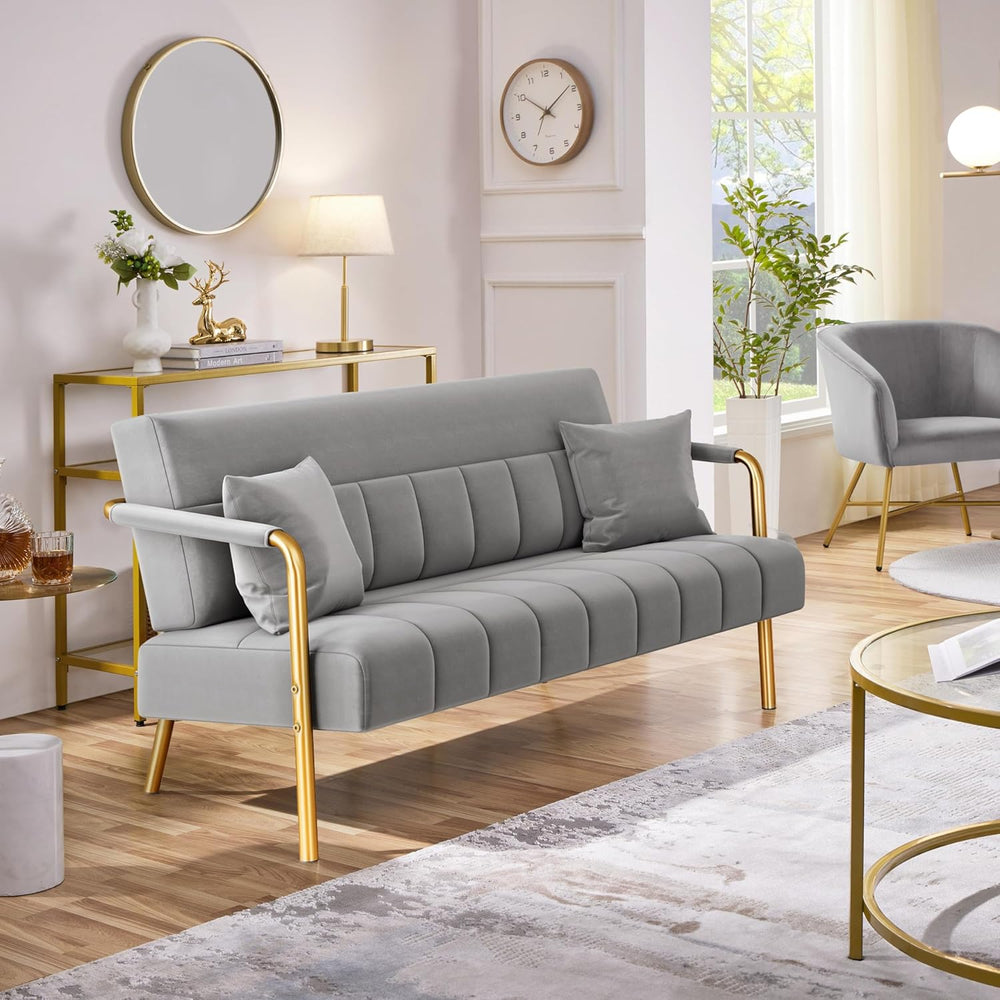 Yaheetech 56.5" Small Sofa 2 Seater Couch with Gold-Tone Legs, Light Gray