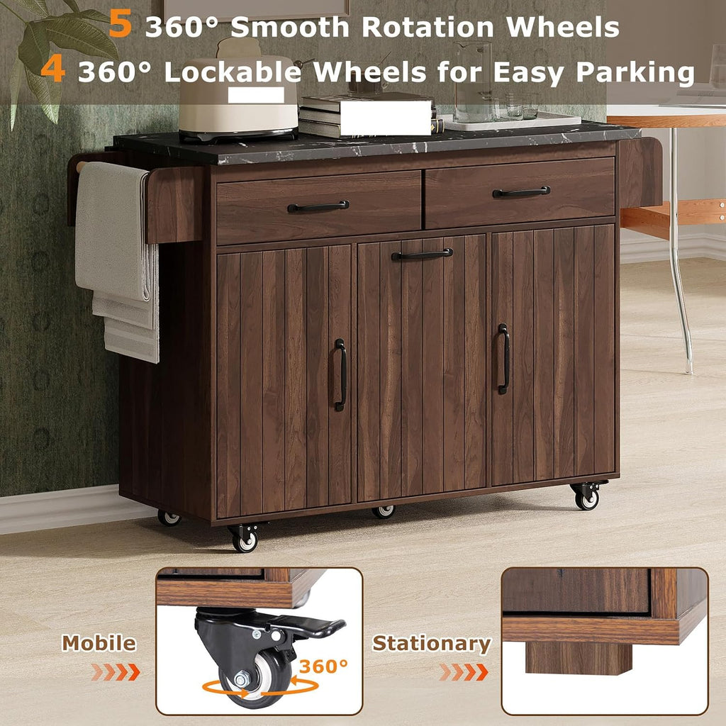 Kitchen Island with Trash Can Storage, Rolling Kitchen Cart on Wheels with Drop Leaf, Drawers, Adjustable Shelf and Tilt Out Trash Can Cabinet for 15 Gallon Garbage Bin, Brown