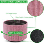 Round Leather Art Supply Organizer,Remote Control Holder,360 Degree Spinning,Multi-Functional Pencil Holder,4 Compartments Desktop Stationary Organizer(1-Wood Pink)