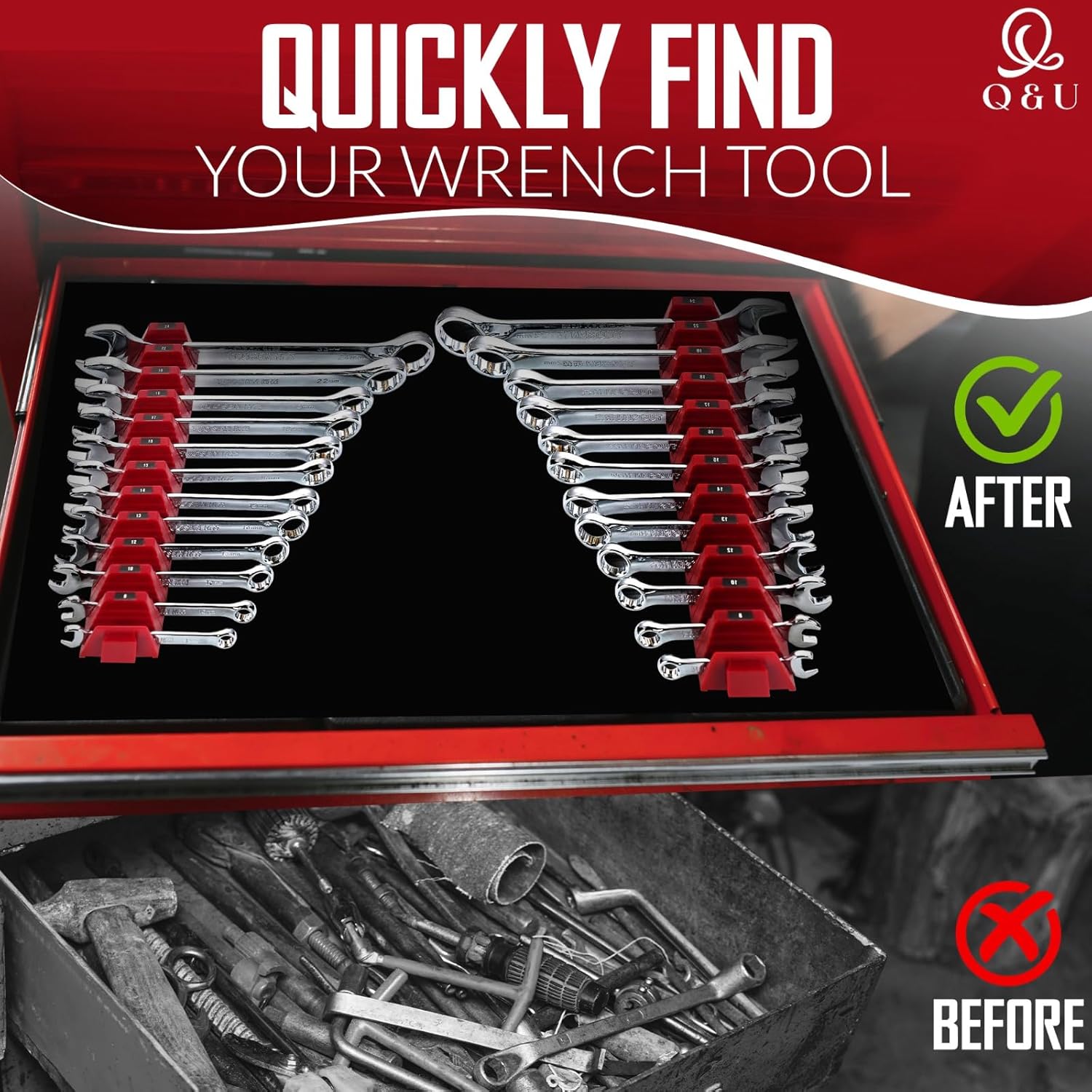 Q&U Wrench Organizer Modular System – 48 PCS Magnetic Wrench Organizer for Tool Box Drawer, Modular Wrench Organizer and Wrench Storage Rack, Heavy Duty Wrench Holder