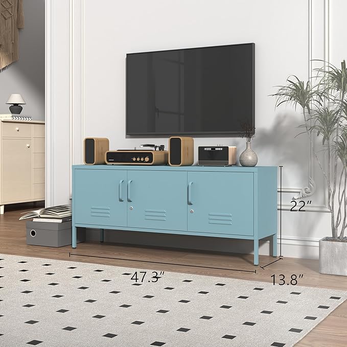 3 Door Lockable Metal TV Stand Storage Cabinet, Wide Heavy Duty Media Console for Large 100+ Inch TVs, Home Office Entertainment Center, Blue 22" H X 47.3" W X 13.8" D