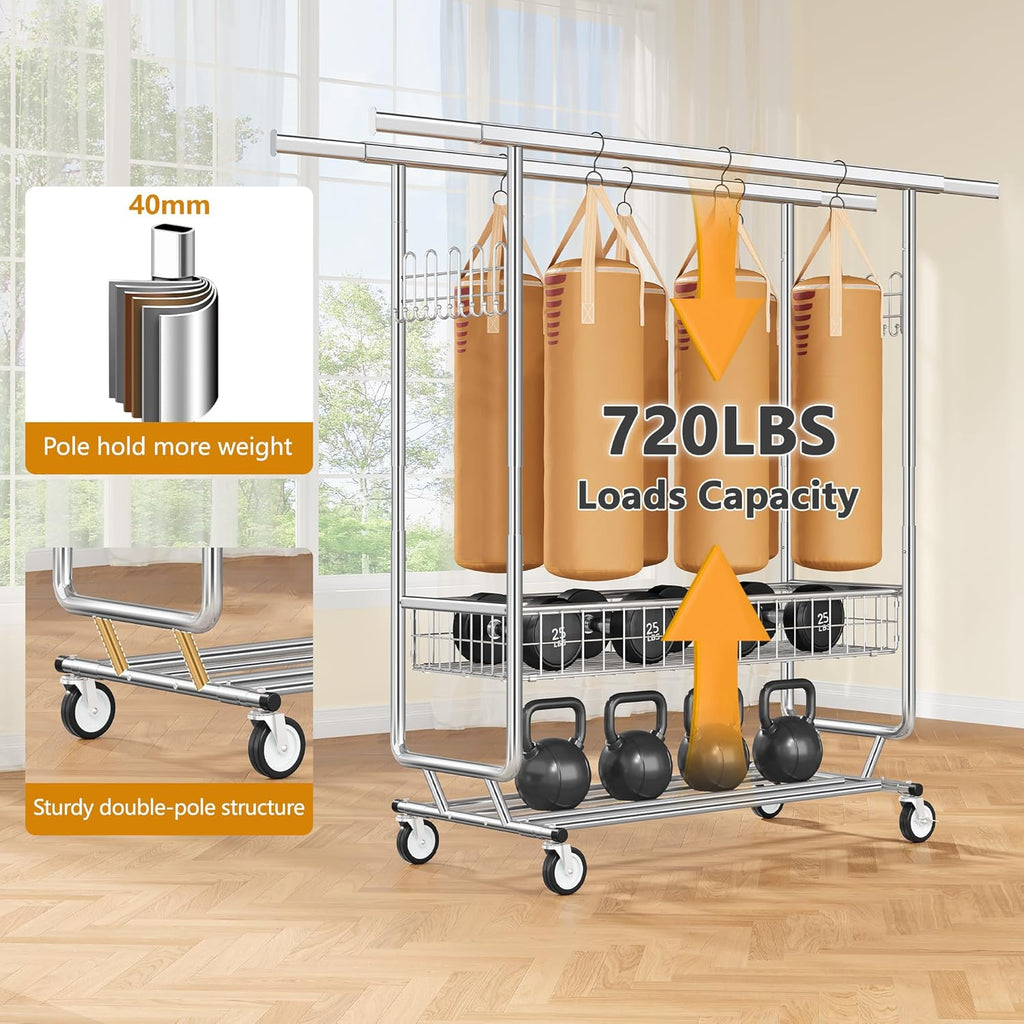 Heavy Duty Clothes Rack with Metal Basket, 720 LBS Rolling Double Rod Garment Rack, Portable Extendable Clothing Rack with Wheel for Bedroom, Laundry Room & Retail Store