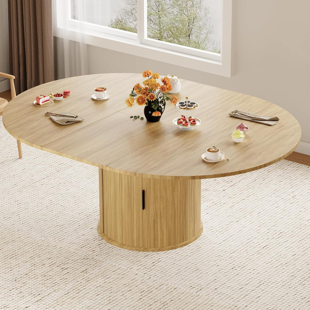 Dining Table for 4-6,59“Extendable Round Dining Room Kitchen Table with Stora...
