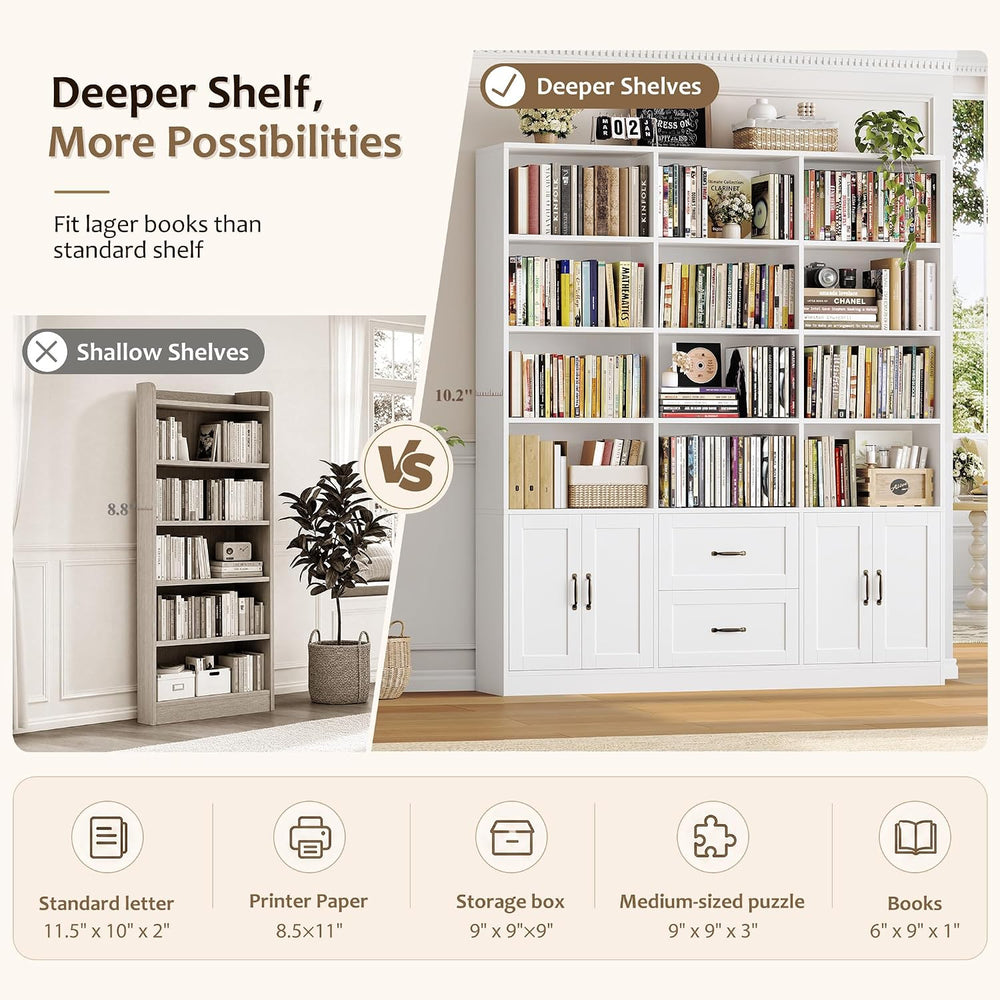 HOSTACK 71" Tall Triple Wide Bookshelf with Storage Drawers & Doors,...