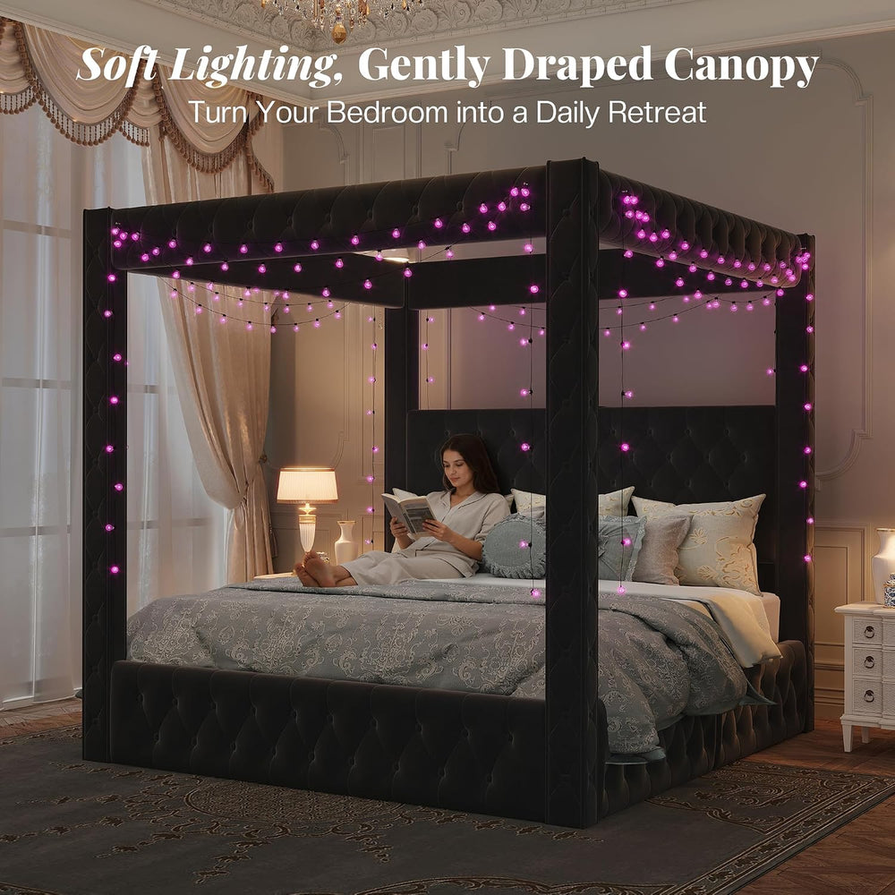 Jocisland King Canopy Bed Frame Velvet Upholstered Headboard, Black