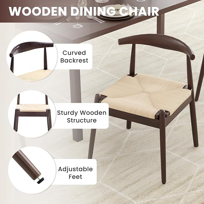 Farini Mid Century Modern Dining Chairs Set of 4, Solid Wood Frame Kitchen Chairs with Woven Upholstered Seat for Dining Room & Breakfast Nook,Latte-Beige