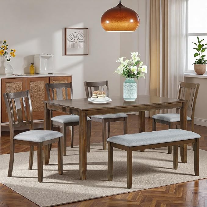 6-Piece Dining Table Set for 6, Counter Height Kitchen Set with Rectangular Wooden Table, Bench & 4 Chairs, Living Room Chairs with Comfortable Seating, Dining Table & Chair for Home, Walnut