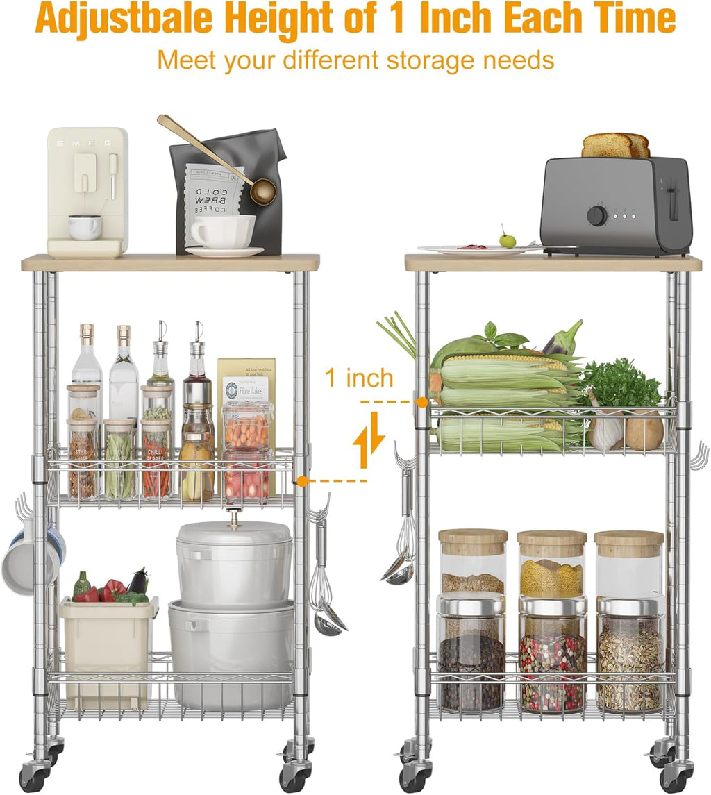 Homeiju Rolling Kitchen Storage Cart, 3-Tier Storage Rack on Caster Wheels with Adjustable 2 Baskets, Coffee Station Cart Rack Shelf Organizer for Living Room Office, Balcony, Chrome/Silver