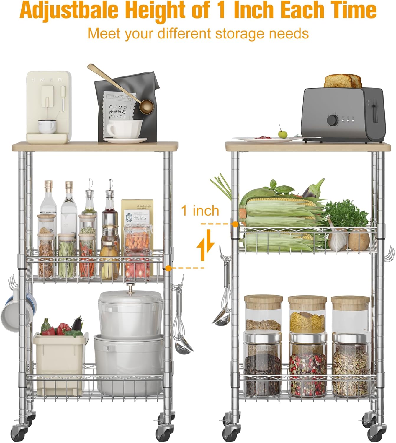 Homeiju Rolling Kitchen Storage Cart, 3-Tier Storage Rack on Caster Wheels with Adjustable 2 Baskets, Coffee Station Cart Rack Shelf Organizer for Living Room Office, Balcony, Chrome/Silver