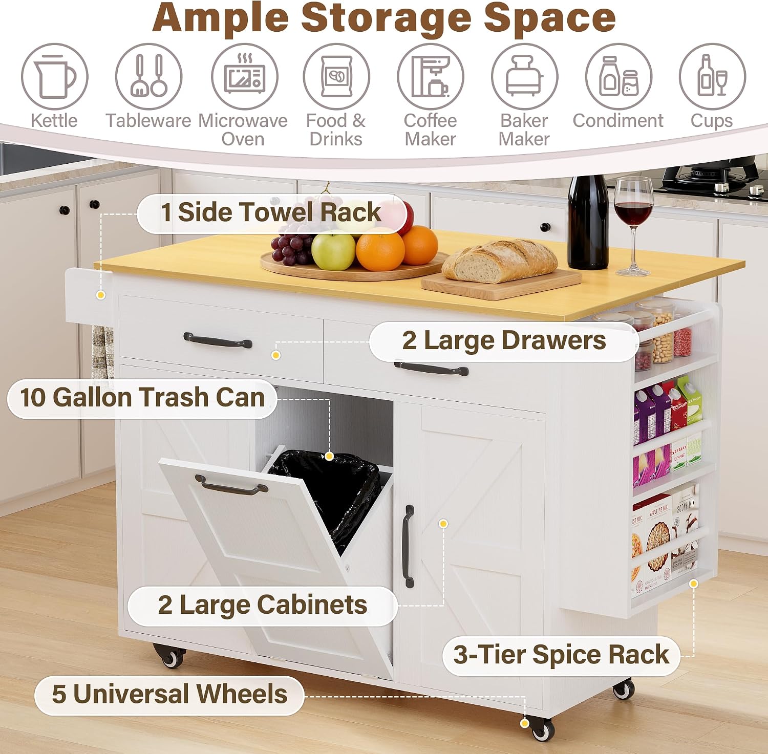YESHOMY Kitchen Island on Wheels with Trash Cabinet, 56" Mobile Cart with Drop Leaf and Drawers, Rolling Portable Table with Spice Rack & Towel Holder for Dining Room, White & Brown