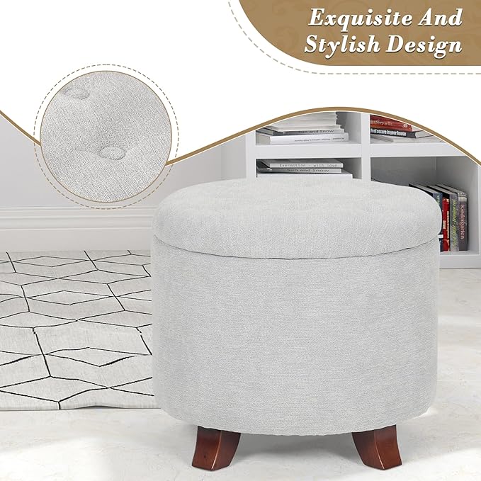 Athena Collection 20 Inch Small Ottoman with Storage, Round Linen Fabric Storage Ottoman with Removable Lid, Stylish Footstool Foot Rest for Living Room, Bedroom, Dorm, Grey