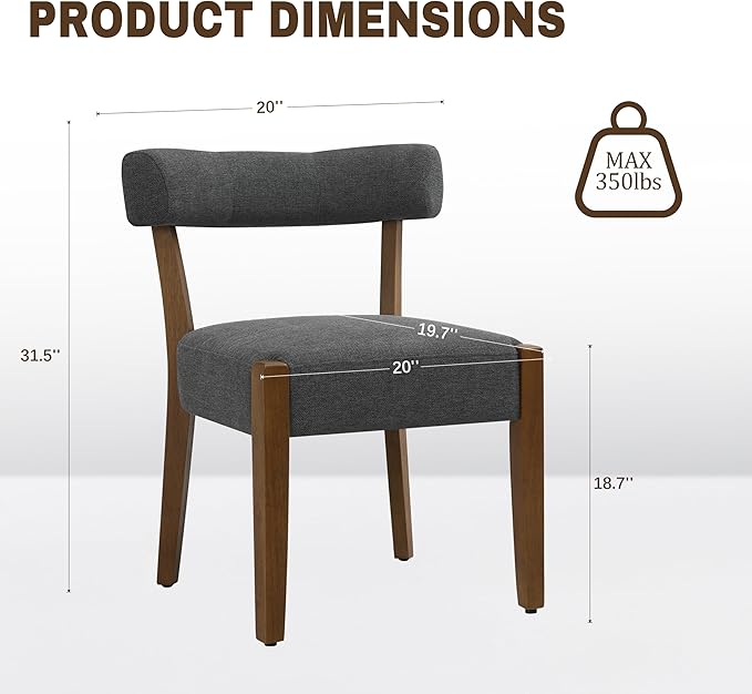 Modern Dining Chairs Set of 4, Walnut Upholstered Kitchen & Dining Room Chairs, Mid Century Wooden Dining Chairs Oversized Sturdy Fabric Rounded Chairs Curved Back, Dark Grey