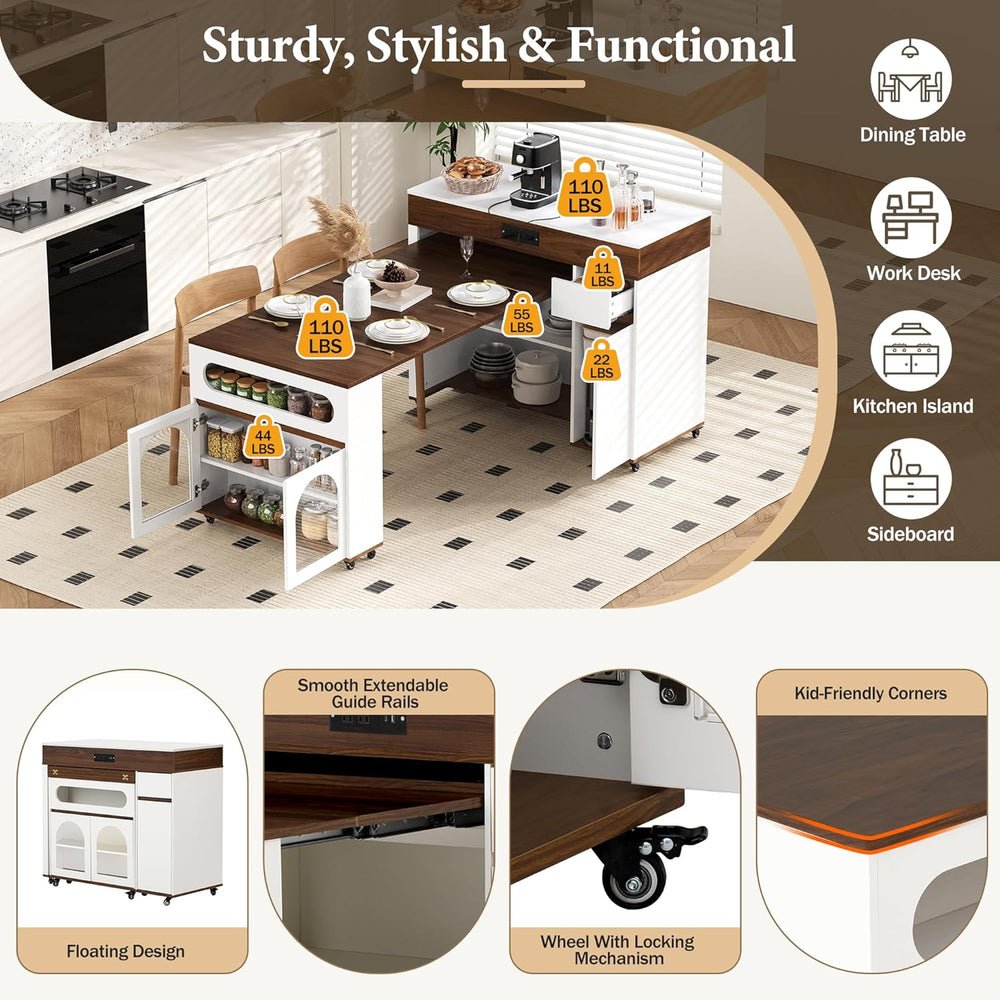 Extendable Dining Table with Extra-Long Folding Top, Rolling Kitchen Island w...