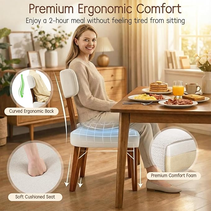 Dining Chairs Set of 6, Mid-Century Modern Upholstered Kitchen Chairs with Curved Backrest and Linen Fabric Seat, Wood Leg Accent Chairs for Dining Room, Living Room, Bedroom, Linen Beige