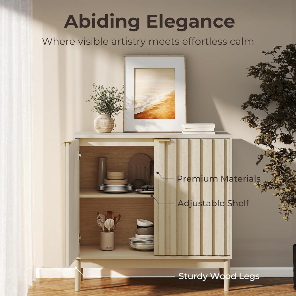 Fluted Cabinet with Storage, Buffet Cabinet Sideboard with 2 Doors, Beige Buf...