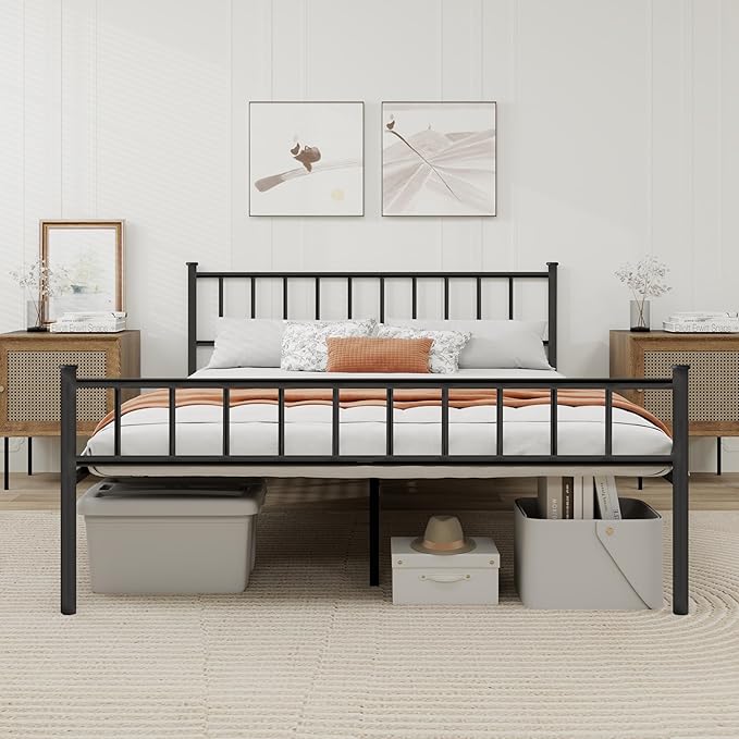 Metal Platform Full Bed Frame with Headboard Sturdy Steel Slats Support No Box Spring Needed Easy Assembly Black