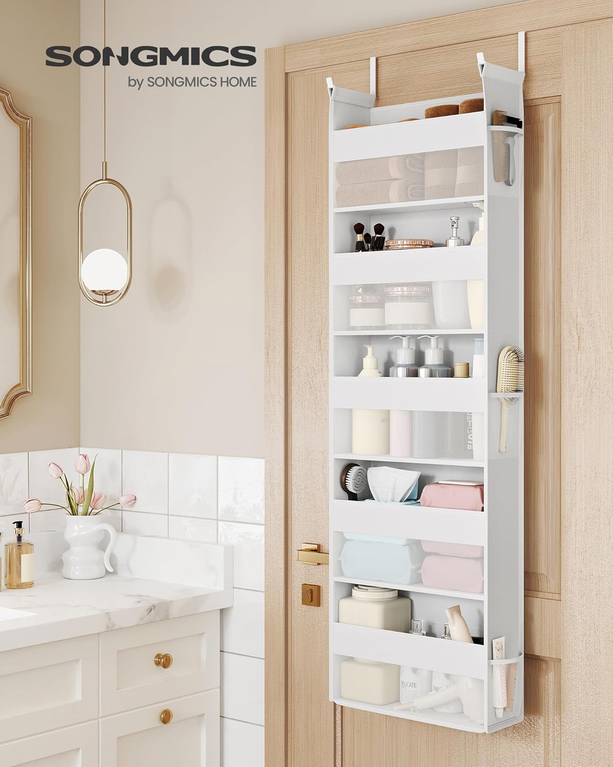 SONGMICS Over The Door Organizer, Hanging Door Organizer with 5 Large Pockets, 5-Tier Fabric Storage, Transparent Nylon Mesh, Foldable, Metal Hooks, with Side Pouches, Cloud White URDH007W01