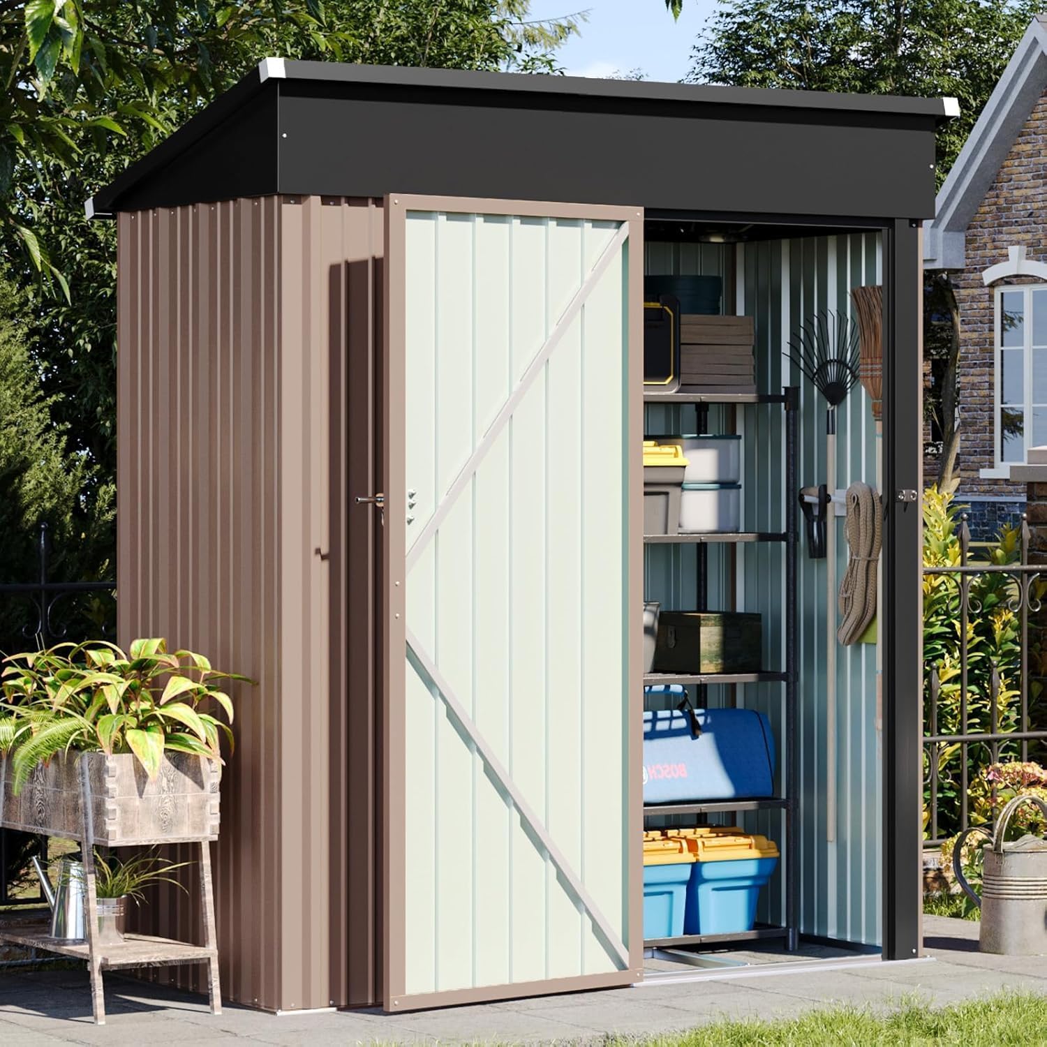Aoxun 5’ x 2.9’ Shed Outdoor Storage Shed with Base Frame & Lockable Doors & Slooping Roof Metal Garden Tool Shed for Backyard, Patio, Poolside (Brown)