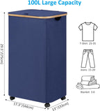 efluky Laundry Basket with Wheels, Tall Rolling Laundry Hamper with Lid and Removable Bag, Aesthetic Dirty Clothes Hamper on Wheels for Laundry Room, Bedroom, Dorm and Bathroom, 100L Blue