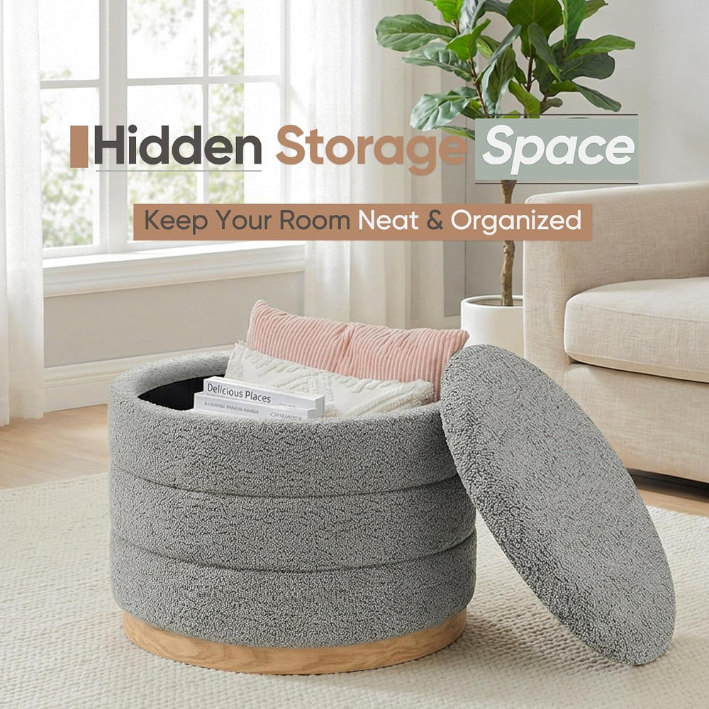 Round Storage Ottoman with Tray Lid, Folding Chenille Fabric Footrest with Hi...