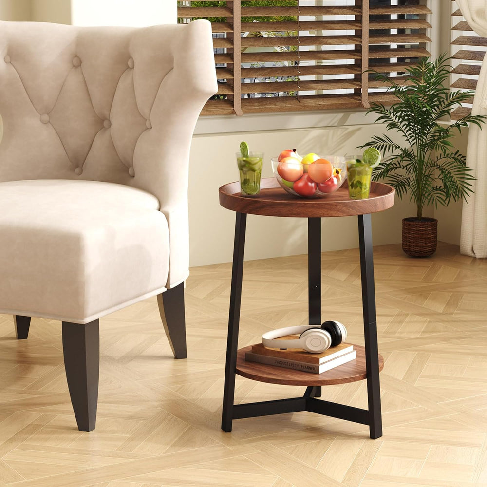 Industrial 2 Tier Round Side Table with Storage Shelf,Accent Tray End Table w...