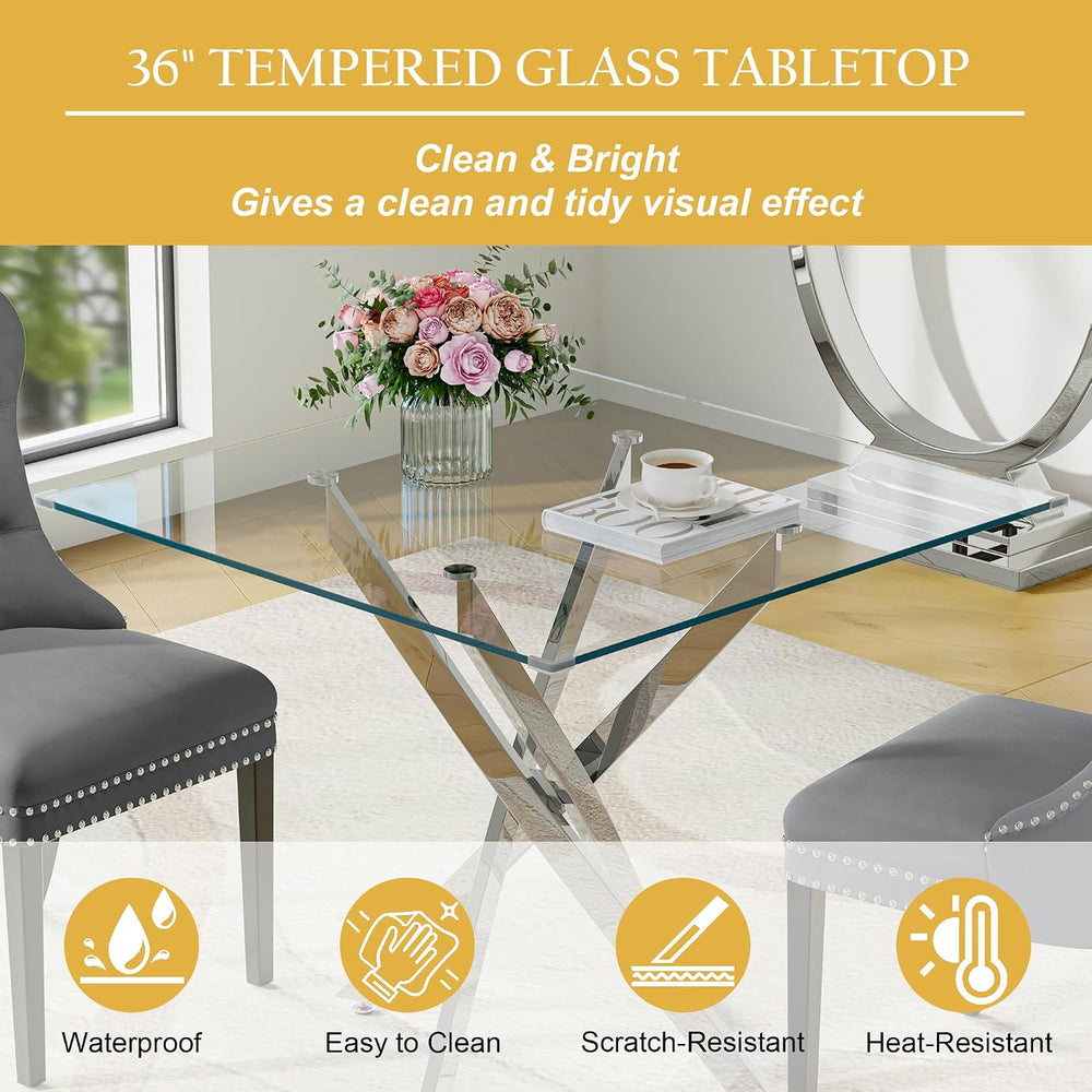 Glass Dining Table Set for 4 with 36" Square Tempered Glass Kitchen Tabl...