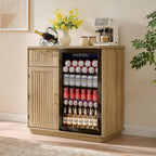 Okvnbjk Mini Fridge Cabinet with Storage & Power Outlet, Oak | Coffee Bar Cabinet with Fridge Space, Fluted Bar Cabinet for Living Room, Dining Room, Dorm