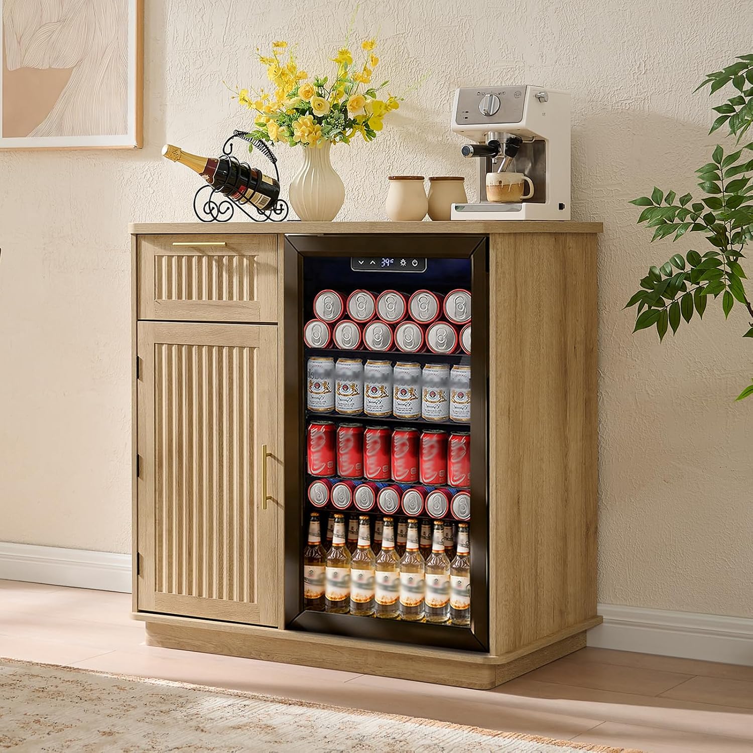 Okvnbjk Mini Fridge Cabinet with Storage & Power Outlet, Oak | Coffee Bar Cabinet with Fridge Space, Fluted Bar Cabinet for Living Room, Dining Room, Dorm