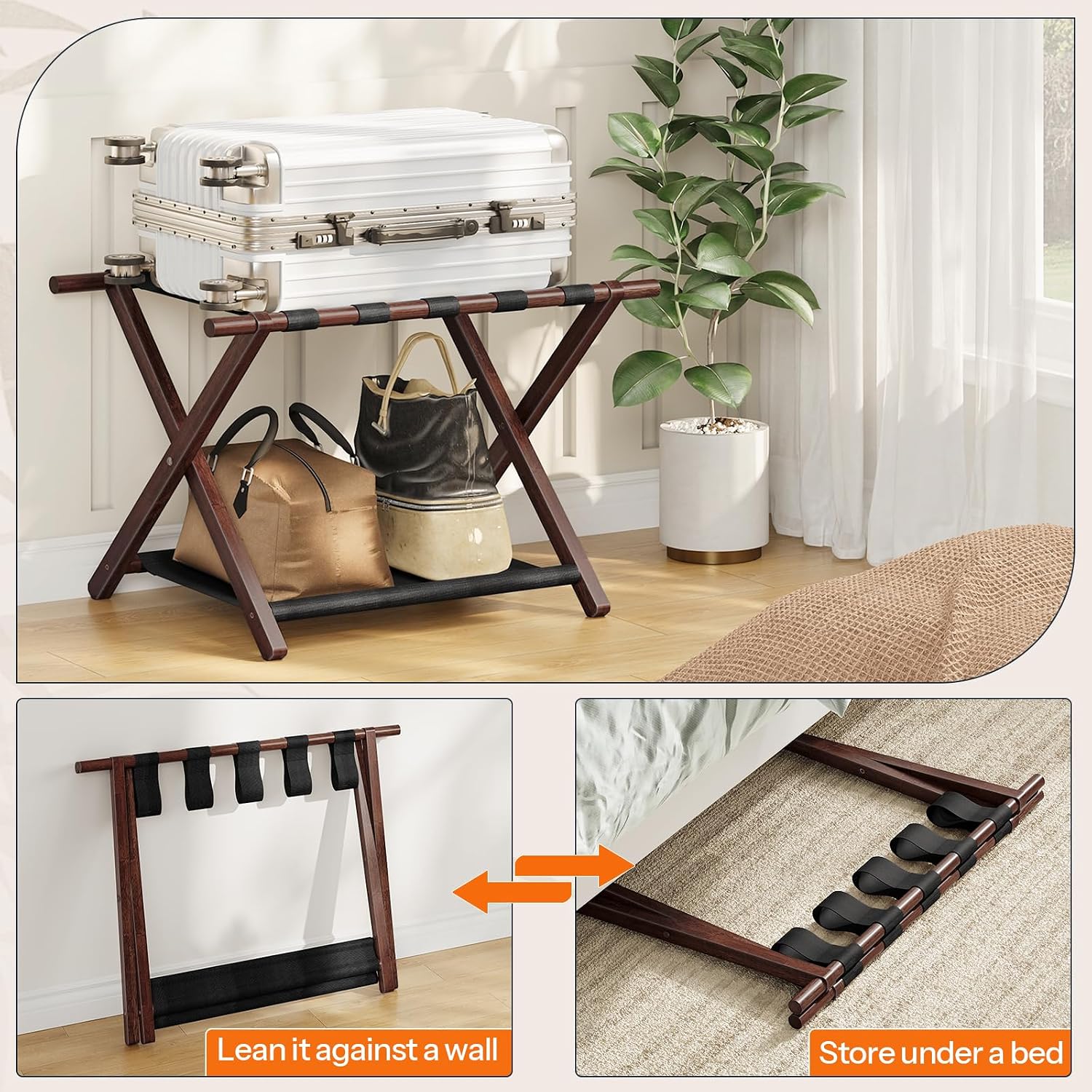 HOOBRO Luggage Rack, Folding Luggage Holder, Bamboo Suitcase Stand, with Fabric Storage Shelf, Suitcase Holder for Guest Room, Hotel, Bedroom, Brown and Black BR20XL01