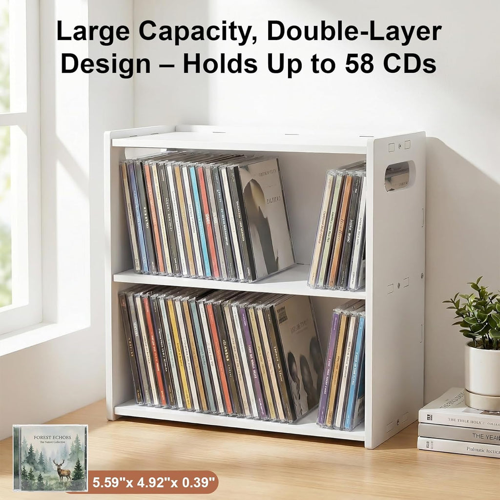Stackable Double Layer CD Storage Rack, CD Holder for CD Cases, Holds 58 CD Cases, Space-Saving CD Case Organizer for Home & Theater Room, Ideal Gift for Music Lovers & CD Collectors