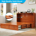 Mjkone 64" Width Murphy Cabinet Bed Queen Size with Foldable Mattress Included, Guest Murphy Beds with Drawers, Cube Cabinet Chest Wall Beds with USB Charging Station for Bedroom, Home Office, Cherry