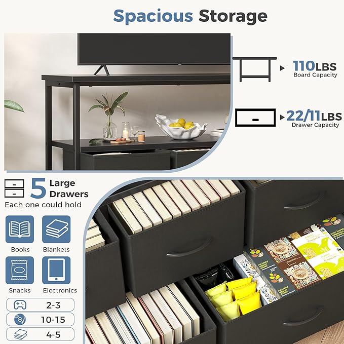 DUMOS TV Stand, Dresser with 5 Fabric Storage Drawers, Media Console Featuring Open Shelf, Fabric Storage Cabinet with Charging Station, Compact Entertainment Unit for Bedroom, Living Room, Black