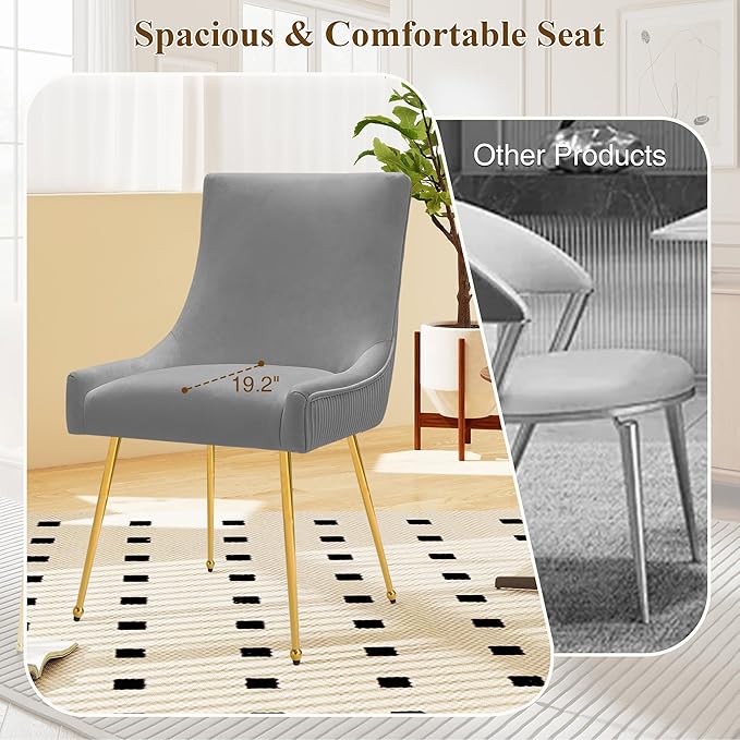 Velvet Dining Chairs Set of 4, Modern Upholstered Kitchen Chair with Pull Handle & Pleated Back, Mid Century Accent Chair with Gold Metal Legs for Vanity,Dining,Kitchen,Living Room, Grey