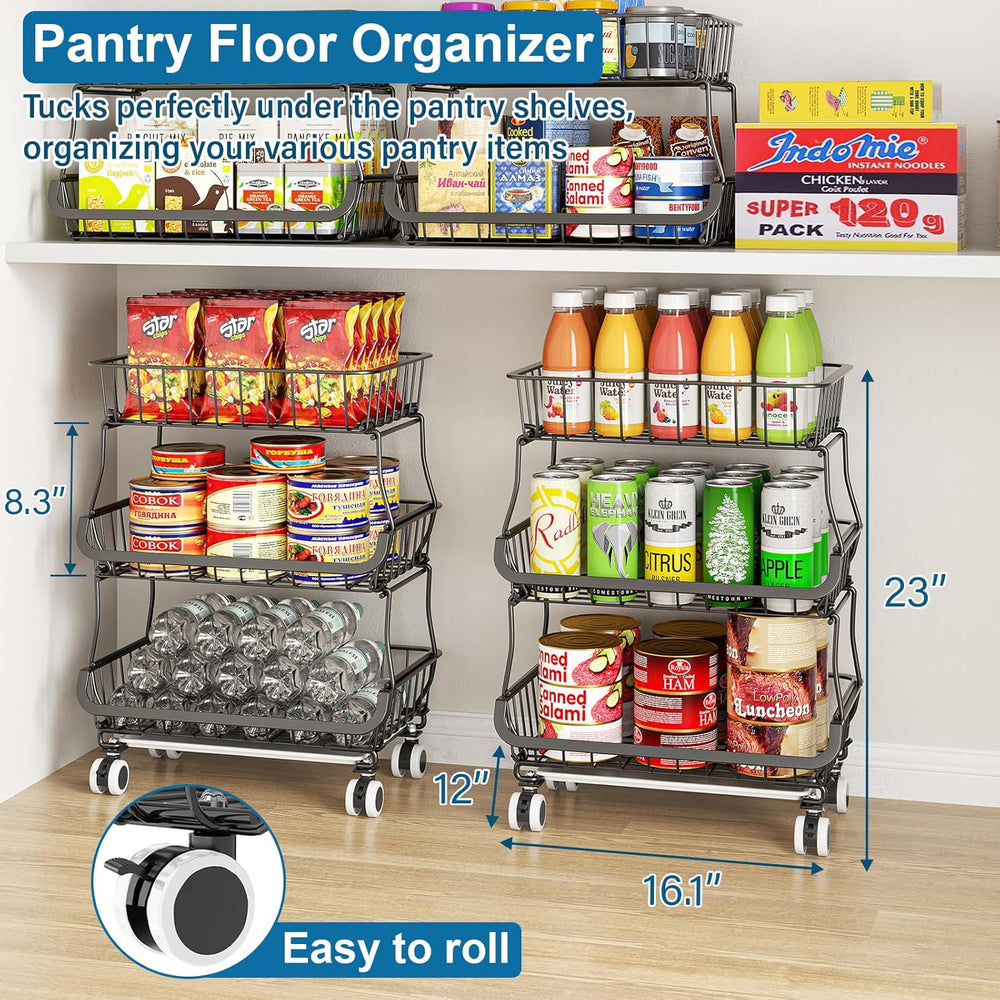 OKZEST 3-Tier Rolling Pantry Floor Organizer and Storage Cart with Wheels, St...