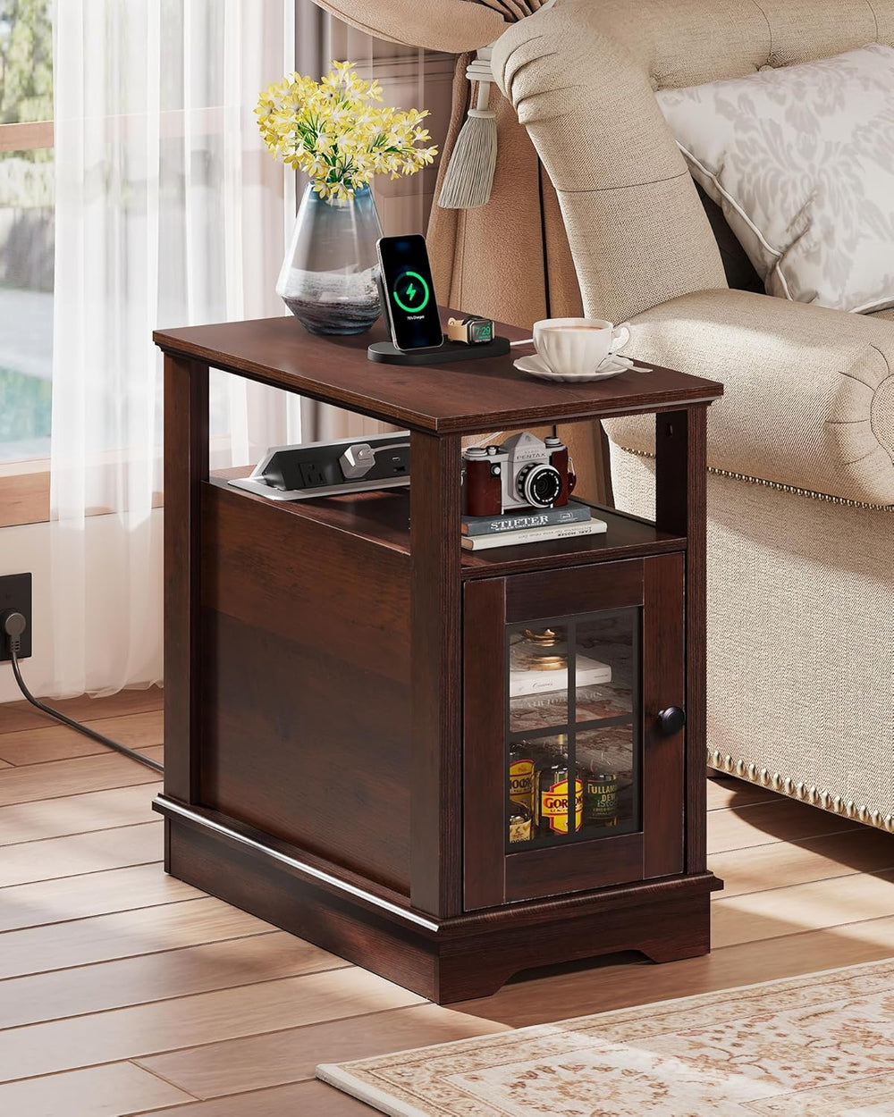 WLIVE Farmhouse End Table with Charging Station, Narrow Side Table with Stora...