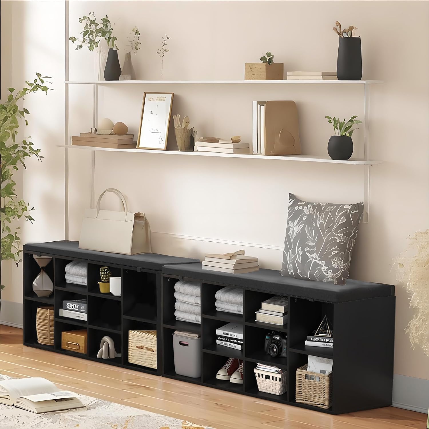 NUNU LAB Shoe Storage Bench, Shoe Bench with Removable Cushion 10 Cubbies, Space Saving Shoe Rack, 41 x 12 x 16.75 Inches, Black