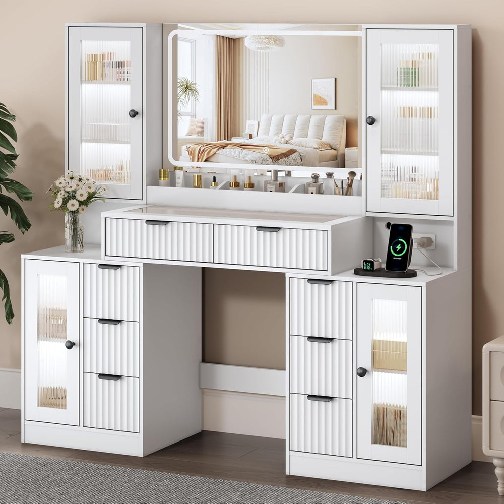 55" Vanity Desk with Mirror & Lights, Fluted Makeup Vanity with 8 Dr...