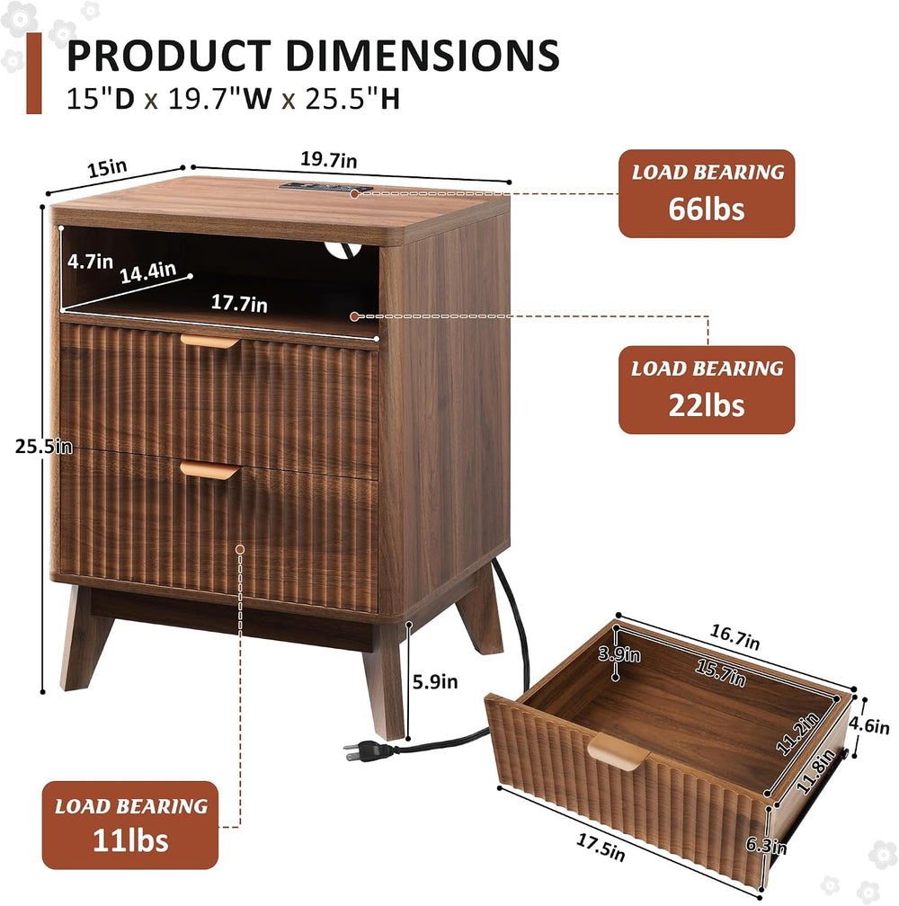 LYNCOHOME Fluted Nightstand with Charging Station, 19.7 inch Wide End Table w...