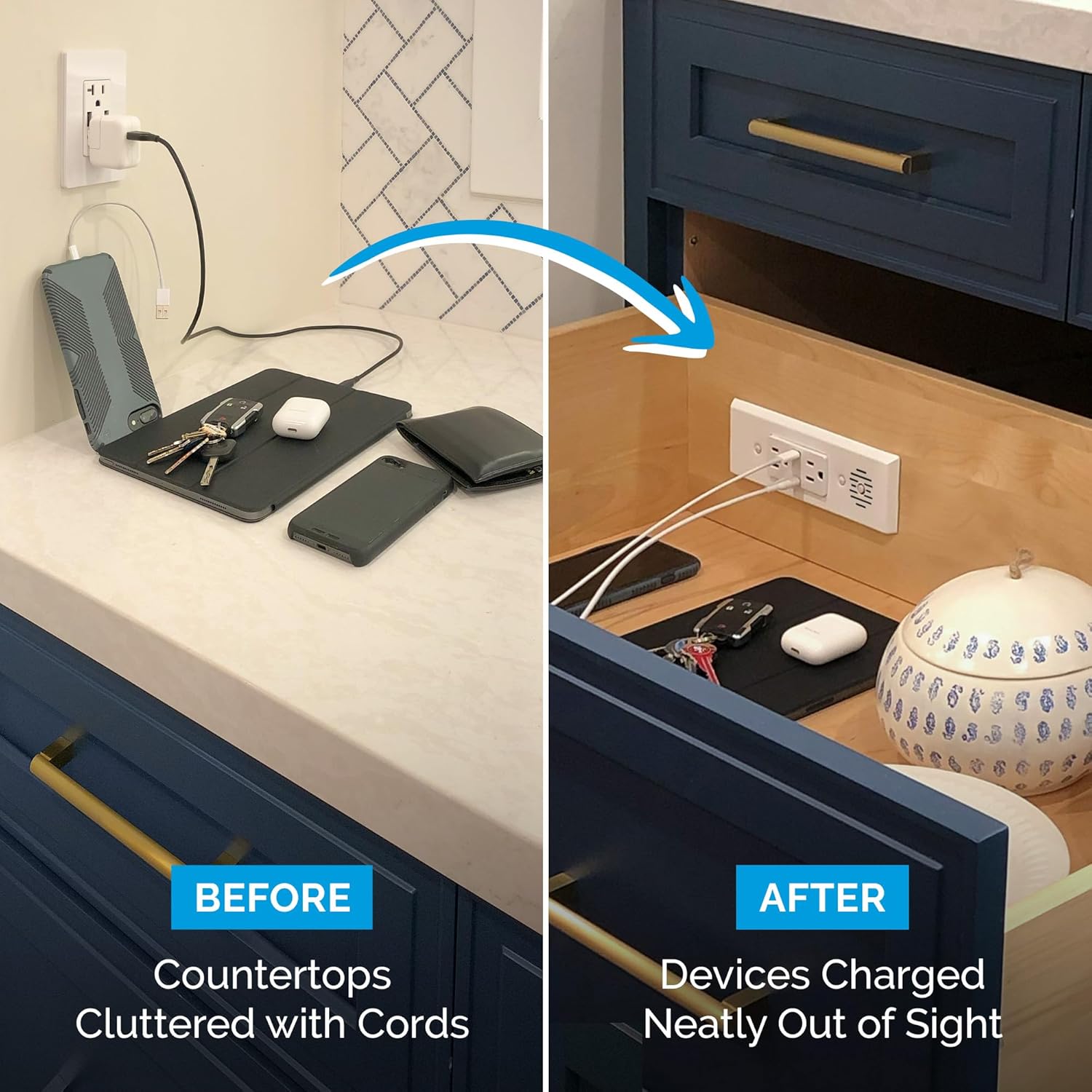 Docking Drawer Blade in-Drawer Outlet, Integrated Safety Shutoff, (2) 30W USB-C & (2) 15 amp AC, Black