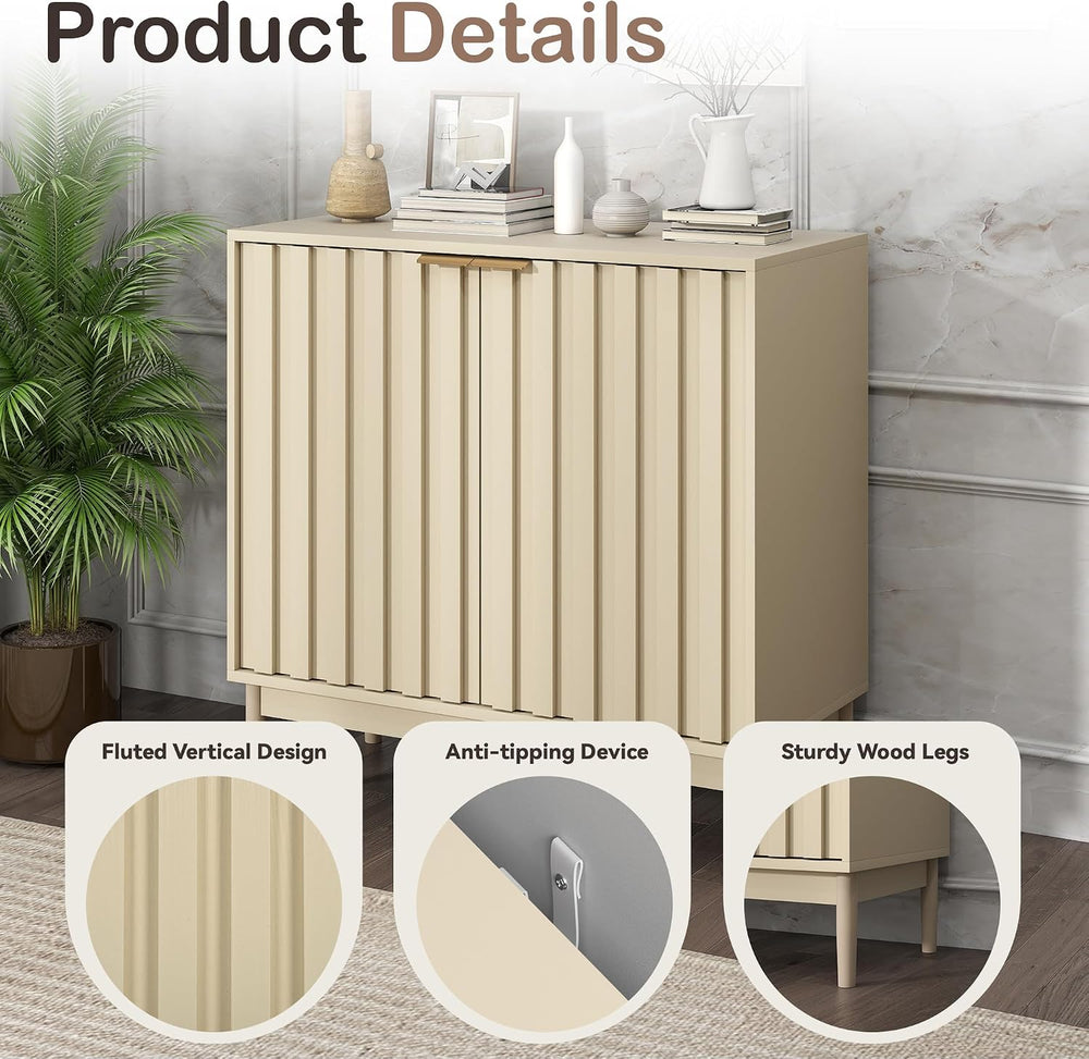 Fluted Buffet Cabinet with Storage, Small Accent Cabinets, Beige