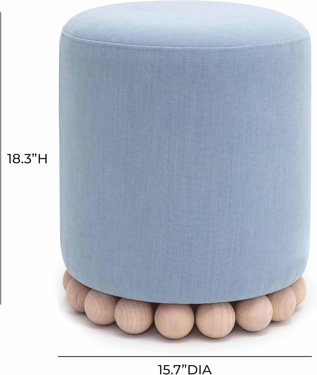 First of a Kind Ottoman Foot Rest - Faded Blue Round Ottoman Stool with Solid Wood Spherical Orbs - 15.7" W x 15.7" D x 18.3" H - Handmade, Easy Clean, 330 lbs Weight Capacity